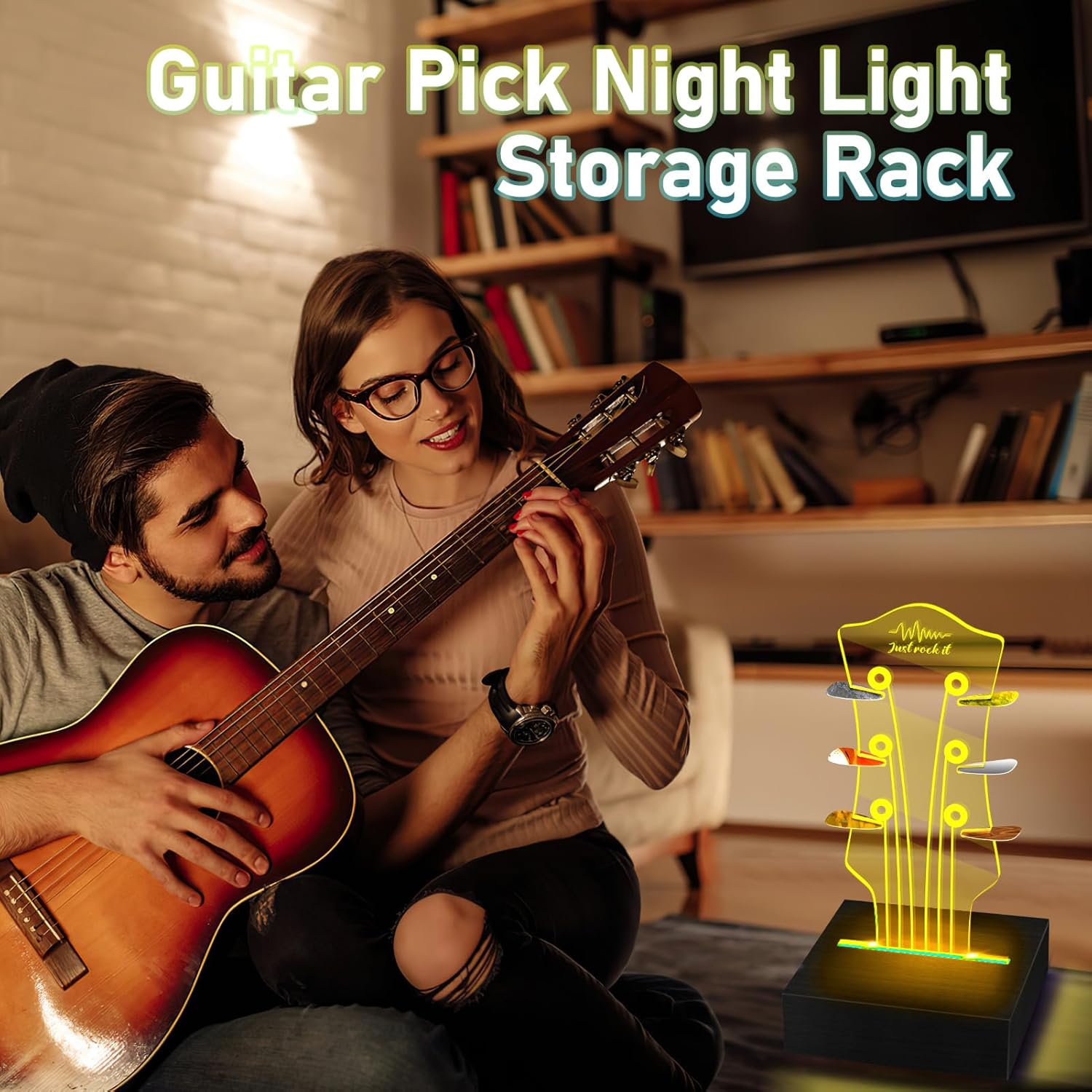 Guitar Pick Holder with with Remote Control & 7 Color LED Lights - Classic Headstock Shaped Display Case for 6 Picks, USB-Powered Music Decor & Nightlight Gift for Guitar Players